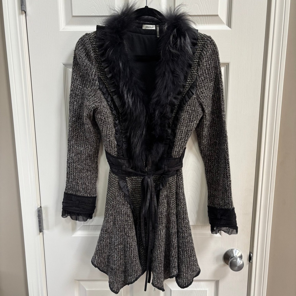 Neiman Marcus Gray Knit Raccoon Fur Trim Belted Cardigan Womens M Gothic Boho